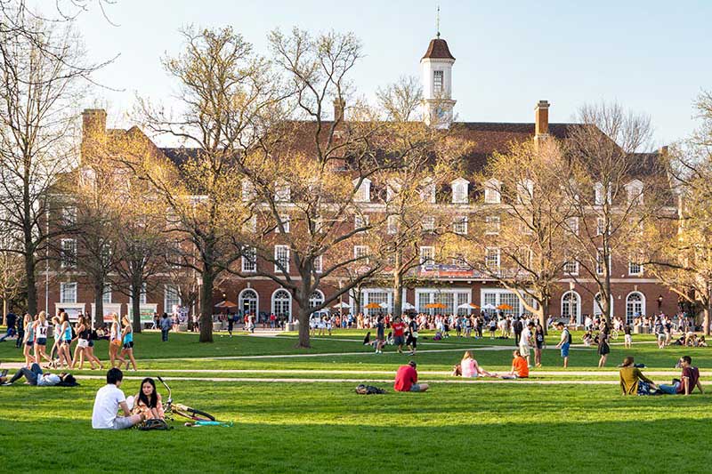 Students on the lawn studying with a large university building in the background. 